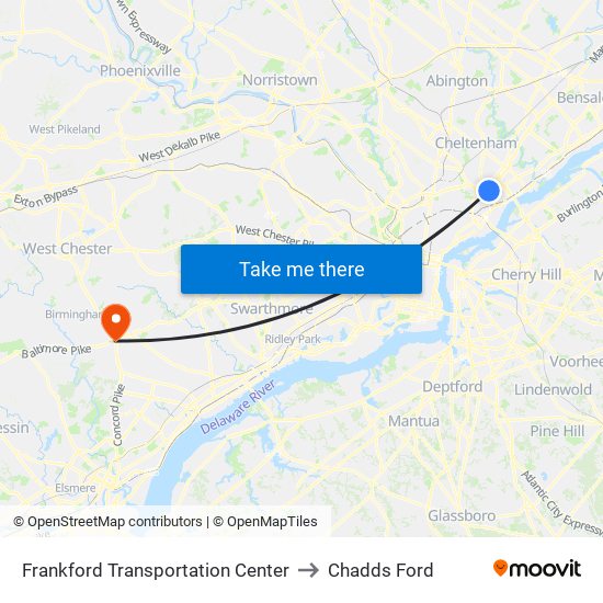 Frankford Transportation Center to Chadds Ford map
