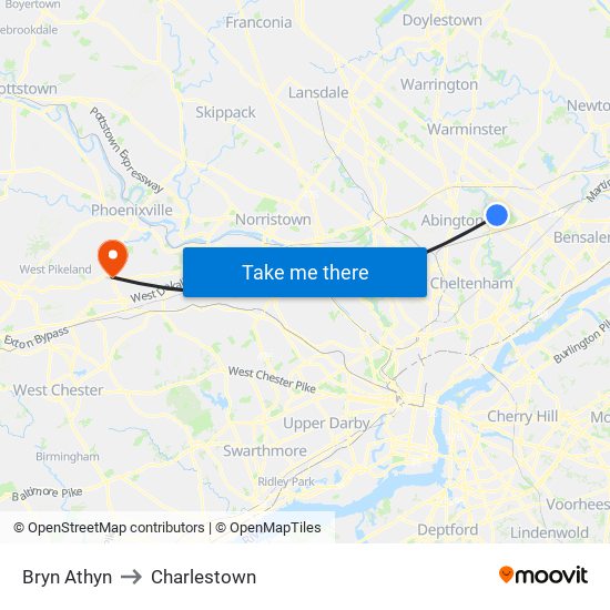 Bryn Athyn to Charlestown map