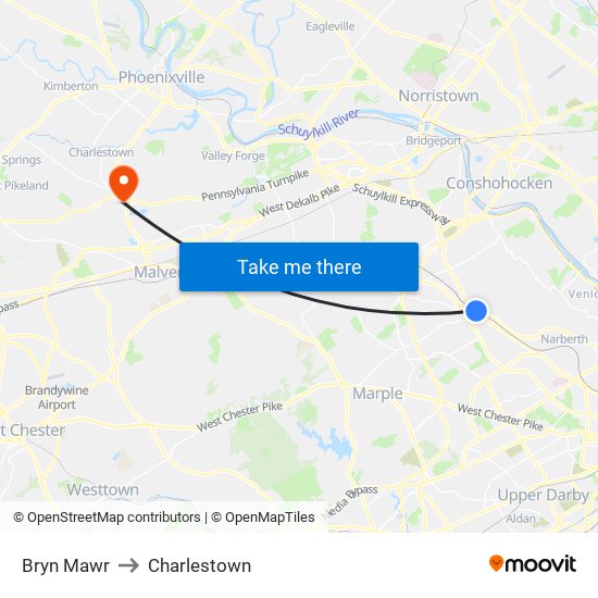 Bryn Mawr to Charlestown map