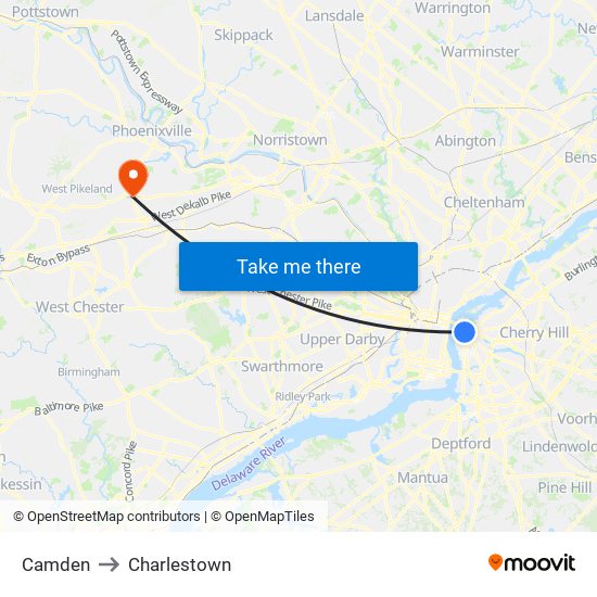 Camden to Charlestown map