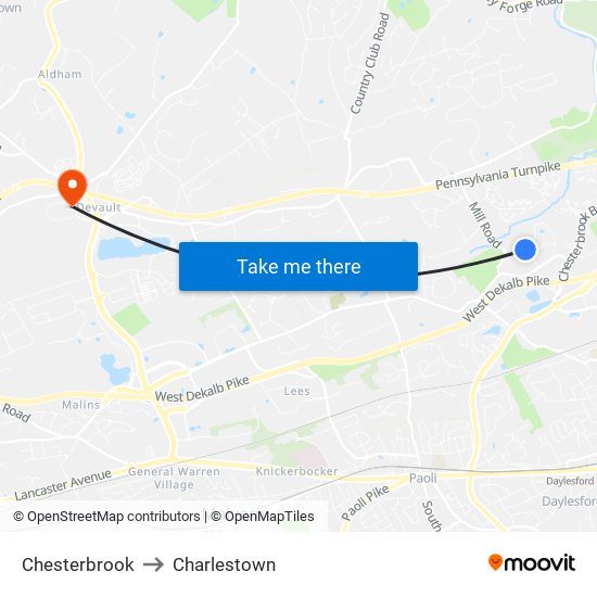 Chesterbrook to Charlestown map