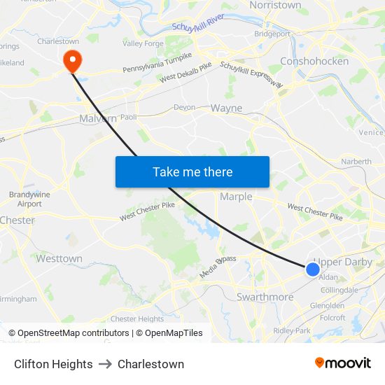 Clifton Heights to Charlestown map