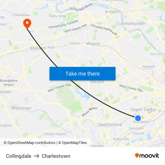 Collingdale to Charlestown map