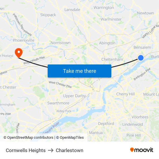 Cornwells Heights to Charlestown map