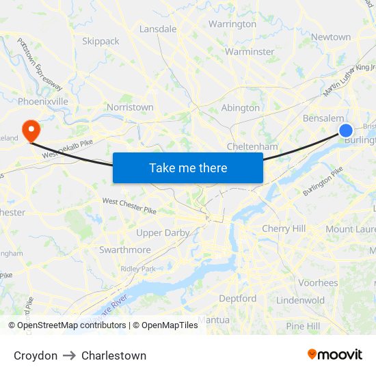 Croydon to Charlestown map