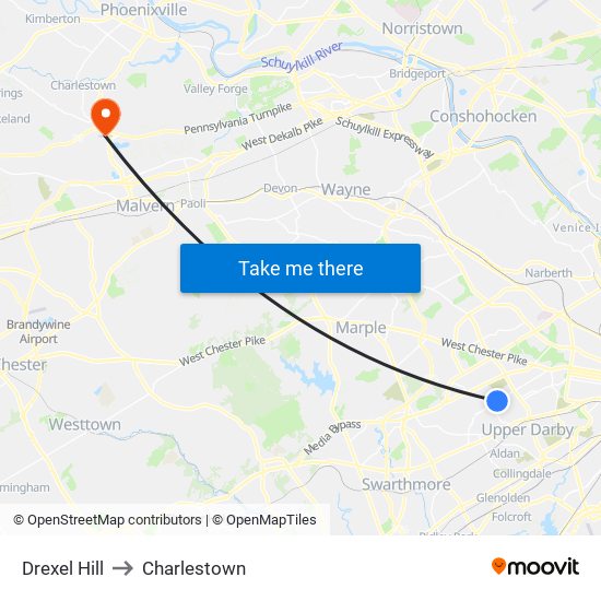 Drexel Hill to Charlestown map