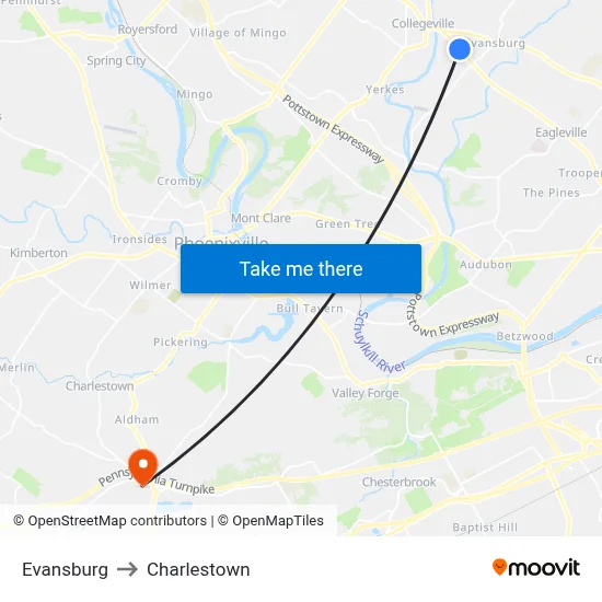 Evansburg to Charlestown map