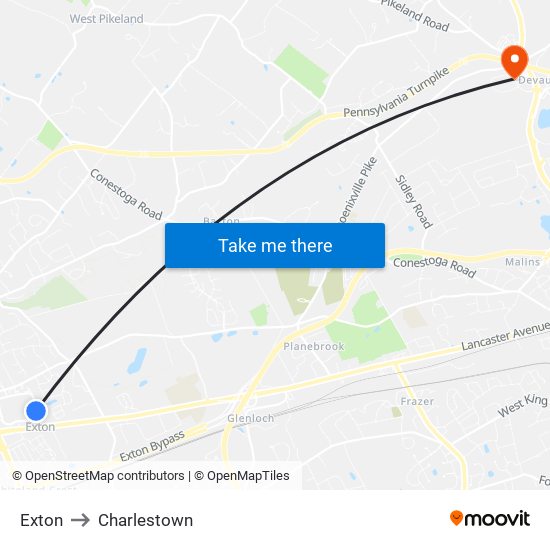 Exton to Charlestown map