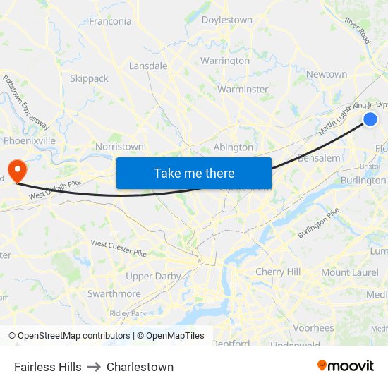 Fairless Hills to Charlestown map