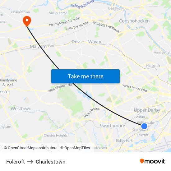 Folcroft to Charlestown map