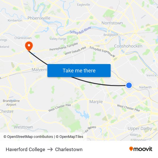 Haverford College to Charlestown map