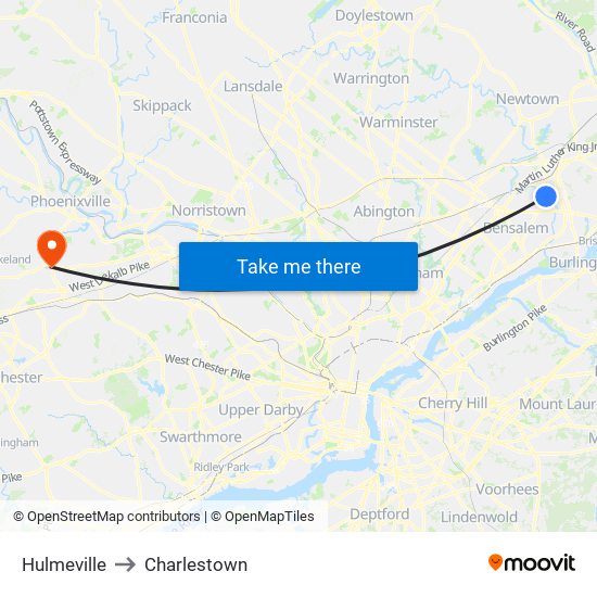 Hulmeville to Charlestown map