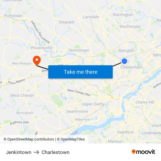 Jenkintown to Charlestown map