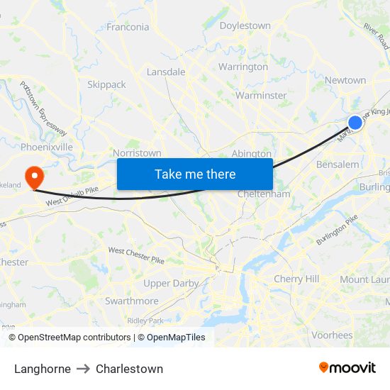 Langhorne to Charlestown map