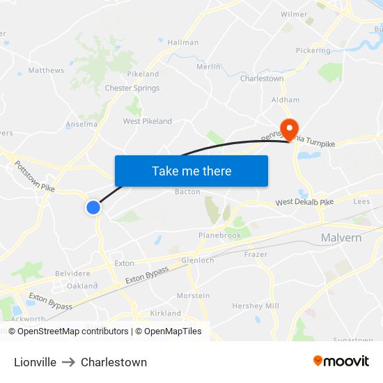 Lionville to Charlestown map