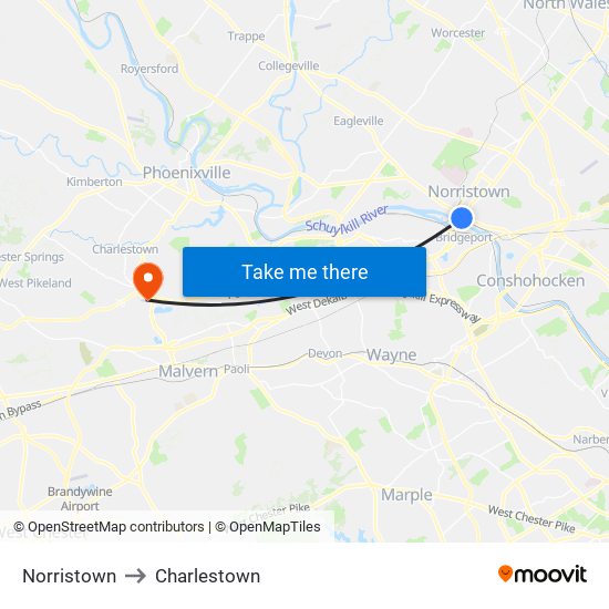 Norristown to Charlestown map