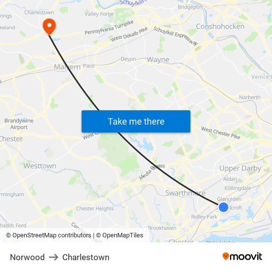 Norwood to Charlestown map