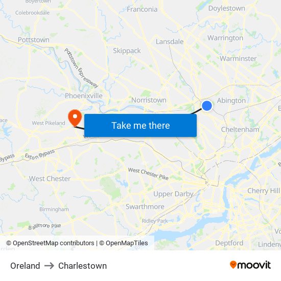 Oreland to Charlestown map