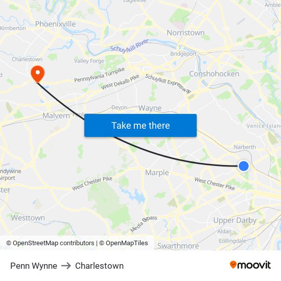 Penn Wynne to Charlestown map