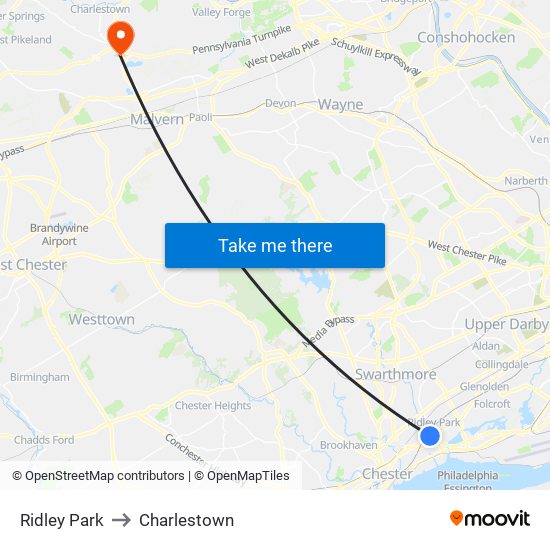 Ridley Park to Charlestown map