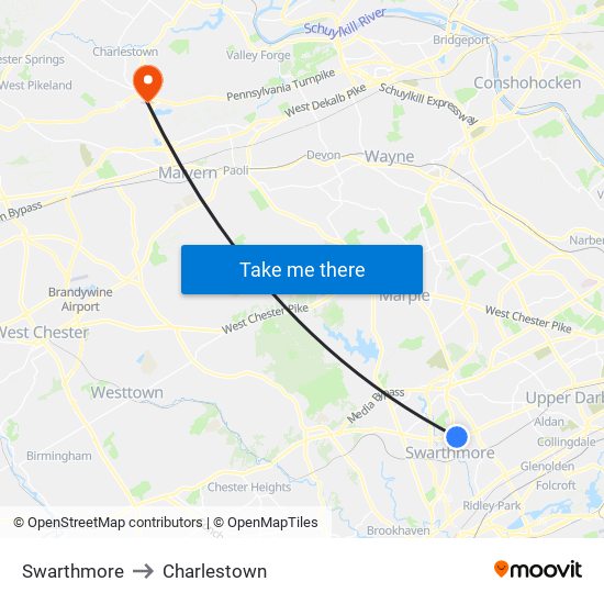 Swarthmore to Charlestown map