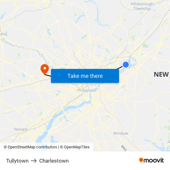 Tullytown to Charlestown map