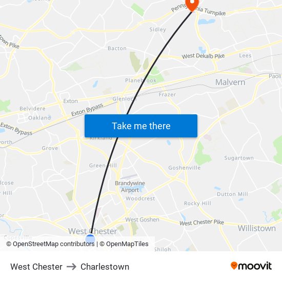 West Chester to Charlestown map