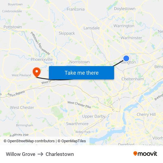 Willow Grove to Charlestown map