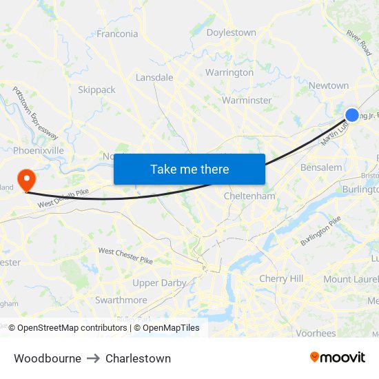 Woodbourne to Charlestown map