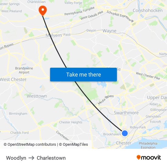 Woodlyn to Charlestown map