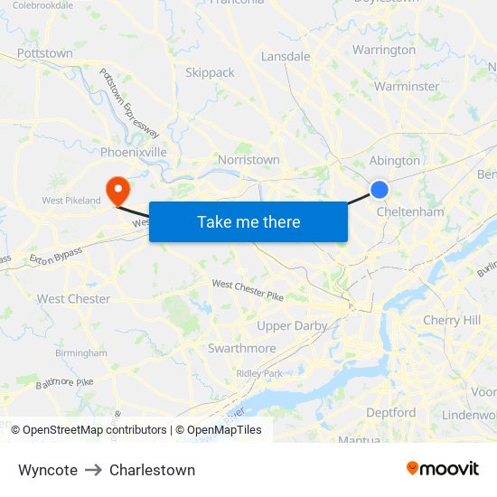 Wyncote to Charlestown map