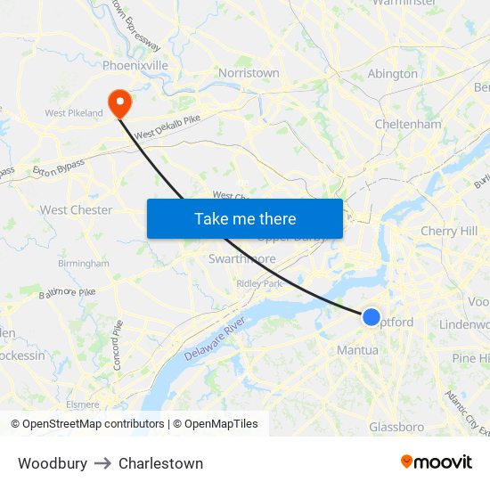 Woodbury to Charlestown map