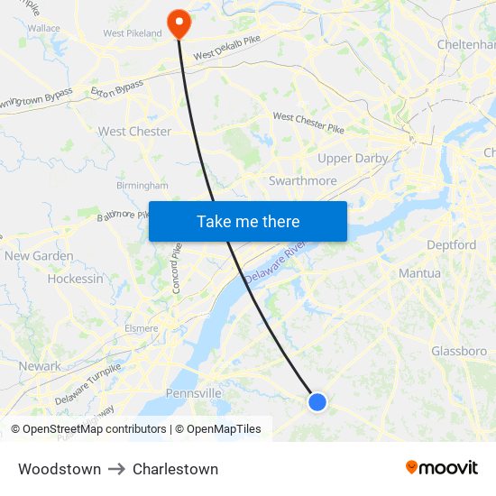 Woodstown to Charlestown map