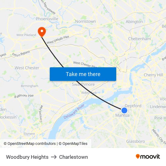 Woodbury Heights to Charlestown map