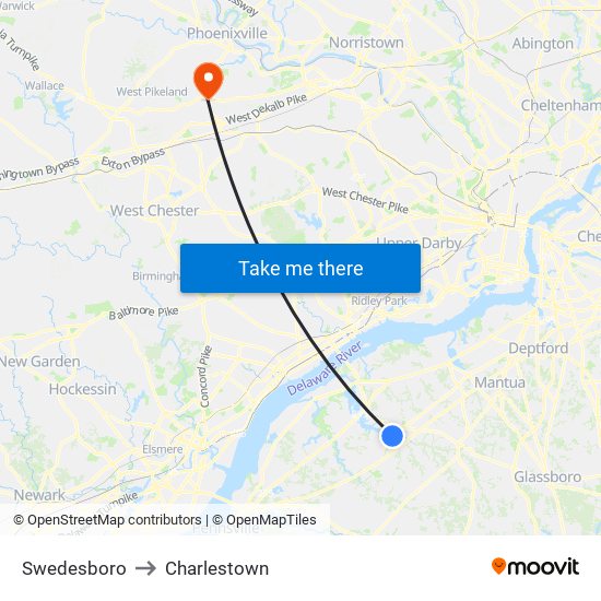 Swedesboro to Charlestown map