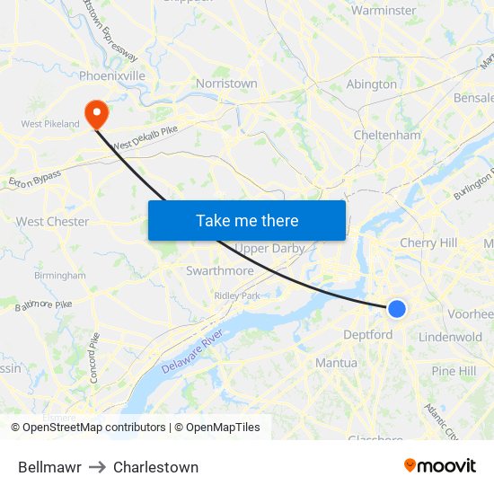 Bellmawr to Charlestown map