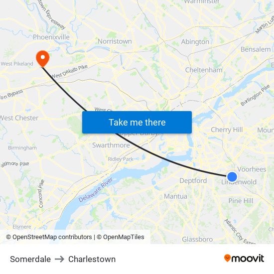 Somerdale to Charlestown map