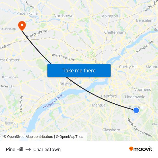 Pine Hill to Charlestown map
