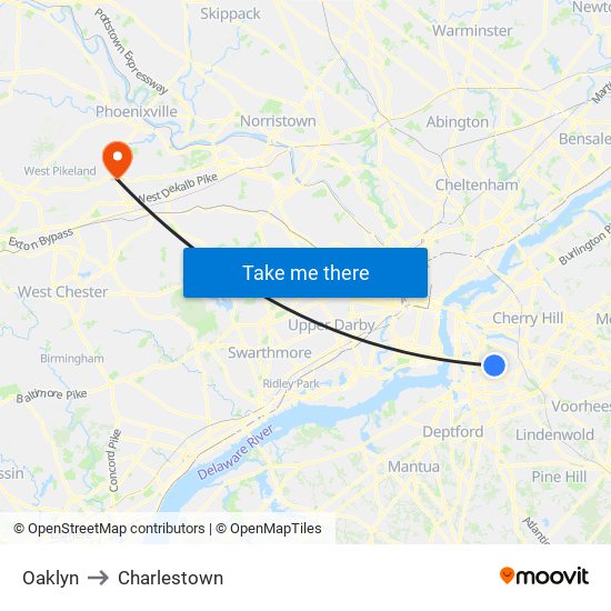 Oaklyn to Charlestown map