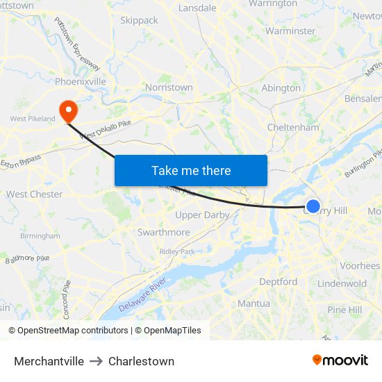 Merchantville to Charlestown map