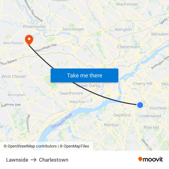 Lawnside to Charlestown map