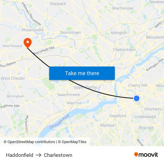 Haddonfield to Charlestown map