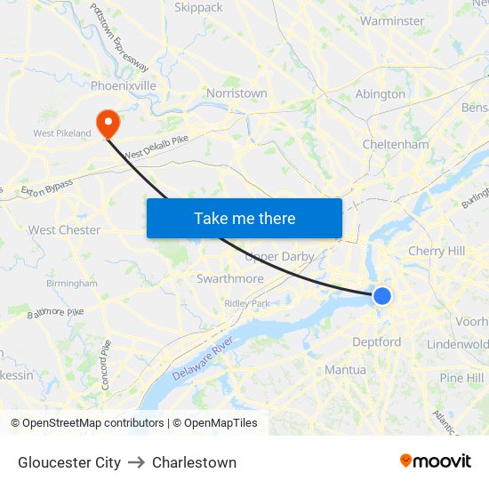 Gloucester City to Charlestown map