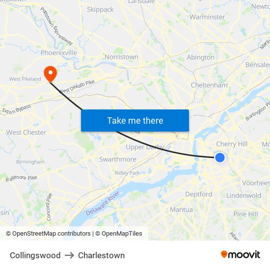 Collingswood to Charlestown map