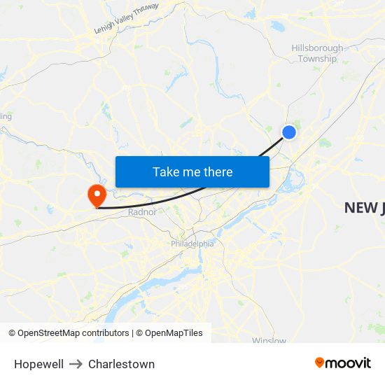 Hopewell to Charlestown map