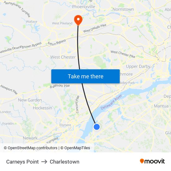 Carneys Point to Charlestown map