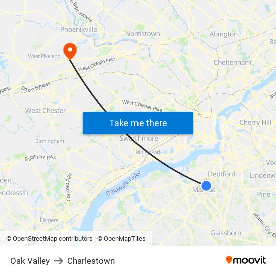 Oak Valley to Charlestown map