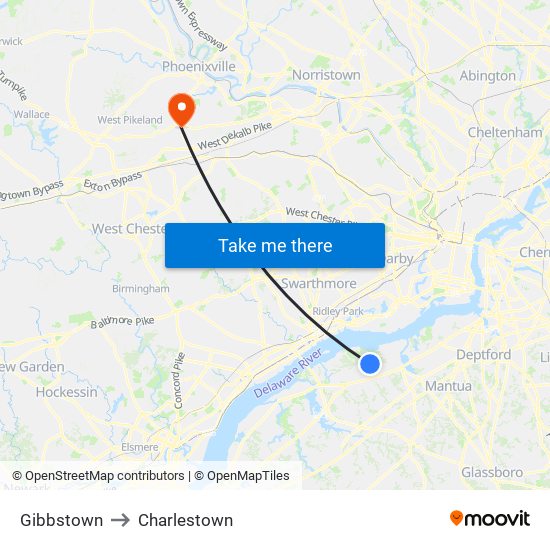 Gibbstown to Charlestown map
