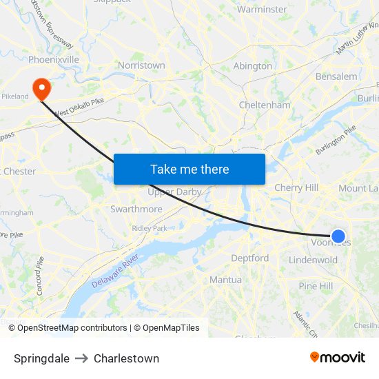Springdale to Charlestown map
