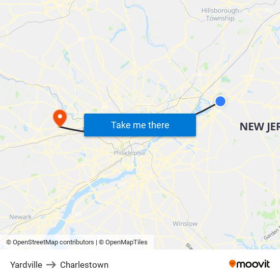 Yardville to Charlestown map